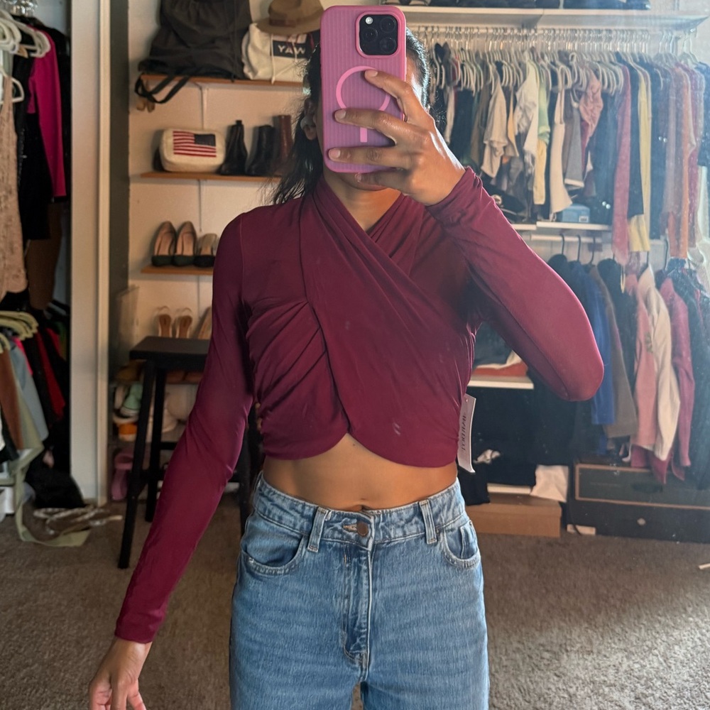 Revolve - Bardot Red Long Sleeve Crop Wrap Top